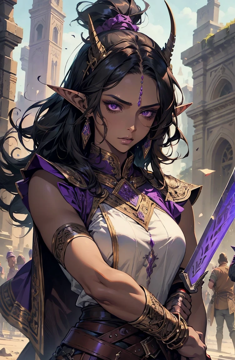 brown skin, older woman, sexy, tall, brown skin, one wing, black hair, elf, elf ears, horns, sleeveless, warrior, sword, purple, dramatic composition