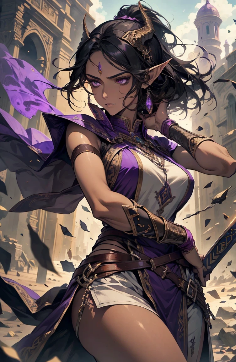 brown skin, older woman, sexy, tall, brown skin, one wing, black hair, elf, elf ears, horns, sleeveless, warrior, sword, purple, dramatic composition