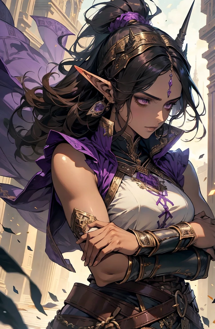 brown skin, older woman, sexy, tall, brown skin, one wing, black hair, elf, elf ears, horns, sleeveless, warrior, sword, purple, dramatic composition