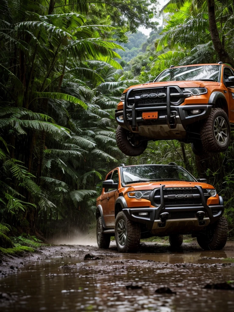 A rugged orange 4x4 vehicle drives through a muddy, rocky path in a lush, green jungle. Rain is falling, and the vehicle is covered in mud. The image is framed by tall trees and mountains in the distance. Write without spelling mistake, The text "ONE LIFE LIVE IT" is superimposed on the image.The mood is adventurous and exciting. The style is realistic and cinematic, with a focus on the vehicle and the natural beauty of the surroundings. The image is shot from a low angle, emphasizing the size and power of the vehicle. The lighting is soft and natural, with a focus on the rain and the lush greenery. The colors are vibrant and saturated, with a focus on the orange of the vehicle and the green of the jungle. The image is rendered in high detail, with a focus on the texture of the mud and the leaves. The background is blurred, drawing the viewer's attention to the vehicle and the path ahead.