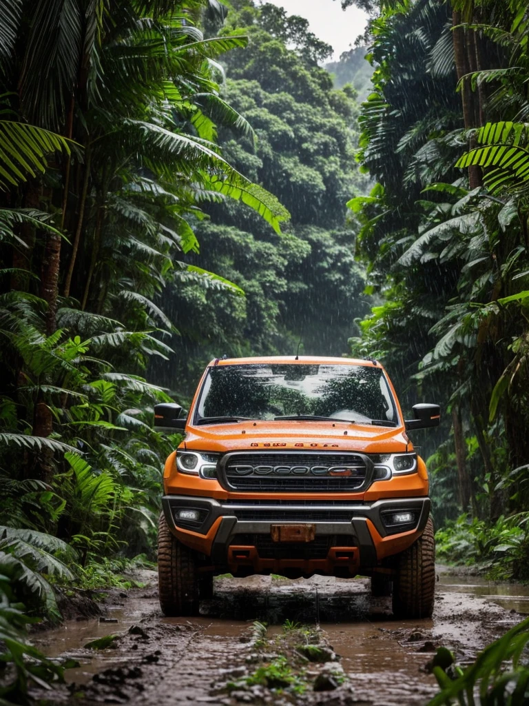 A rugged orange 4x4 vehicle drives through a muddy, rocky path in a lush, green jungle. Rain is falling, and the vehicle is covered in mud. The image is framed by tall trees and mountains in the distance. Write without spelling mistake, The text "ONE LIFE LIVE IT" is superimposed on the image.The mood is adventurous and exciting. The style is realistic and cinematic, with a focus on the vehicle and the natural beauty of the surroundings. The image is shot from a low angle, emphasizing the size and power of the vehicle. The lighting is soft and natural, with a focus on the rain and the lush greenery. The colors are vibrant and saturated, with a focus on the orange of the vehicle and the green of the jungle. The image is rendered in high detail, with a focus on the texture of the mud and the leaves. The background is blurred, drawing the viewer's attention to the vehicle and the path ahead.