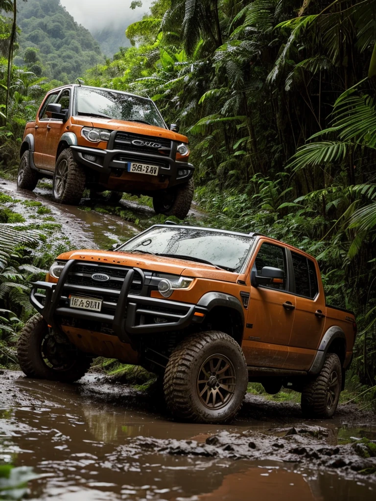 A rugged orange 4x4 vehicle drives through a muddy, rocky path in a lush, green jungle. Rain is falling, and the vehicle is covered in mud. The image is framed by tall trees and mountains in the distance. Write without spelling mistake, The text "ONE LIFE LIVE IT" is superimposed on the image.The mood is adventurous and exciting. The style is realistic and cinematic, with a focus on the vehicle and the natural beauty of the surroundings. The image is shot from a low angle, emphasizing the size and power of the vehicle. The lighting is soft and natural, with a focus on the rain and the lush greenery. The colors are vibrant and saturated, with a focus on the orange of the vehicle and the green of the jungle. The image is rendered in high detail, with a focus on the texture of the mud and the leaves. The background is blurred, drawing the viewer's attention to the vehicle and the path ahead.