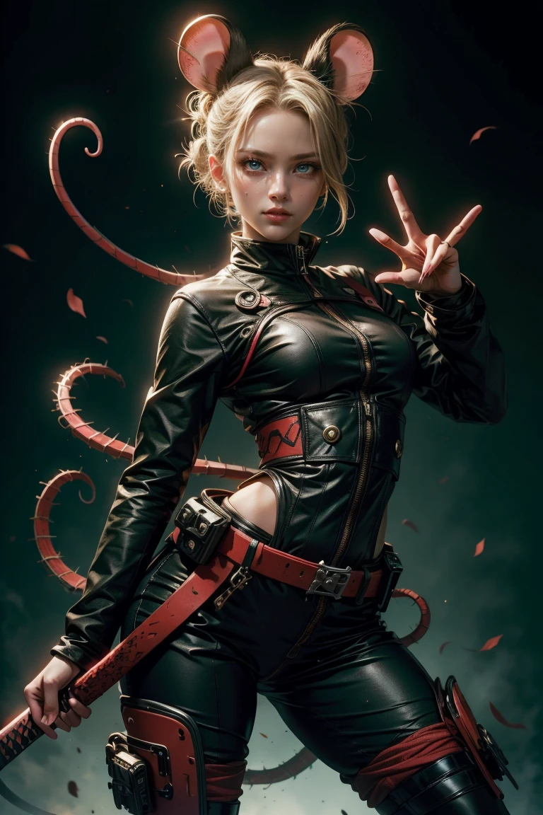 Sexy ninja girl in blue outfit with mouse ears, with a katana, and naruto jutsu hand sign