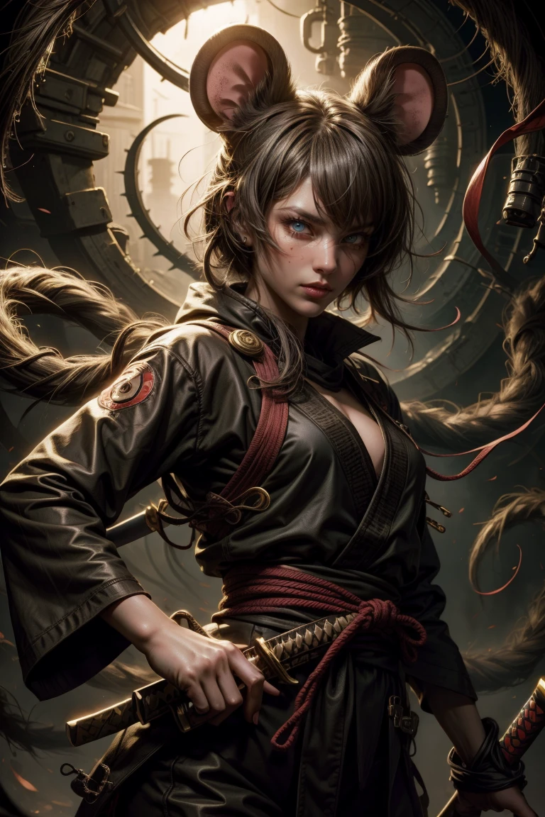 Sexy ninja girl with mouse ears, with a katana, and jutsu hand sign