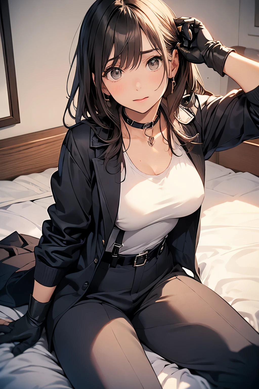suspenders Moderate breasts Small face holster Beautiful woman Lying in bed Looking up Sweat belt summer 脇Sweat Black Hole Gloves suit shirt Black jacket Black trousers Leg Links ズボンにbelt No bra holster Nipples show through the top of clothes