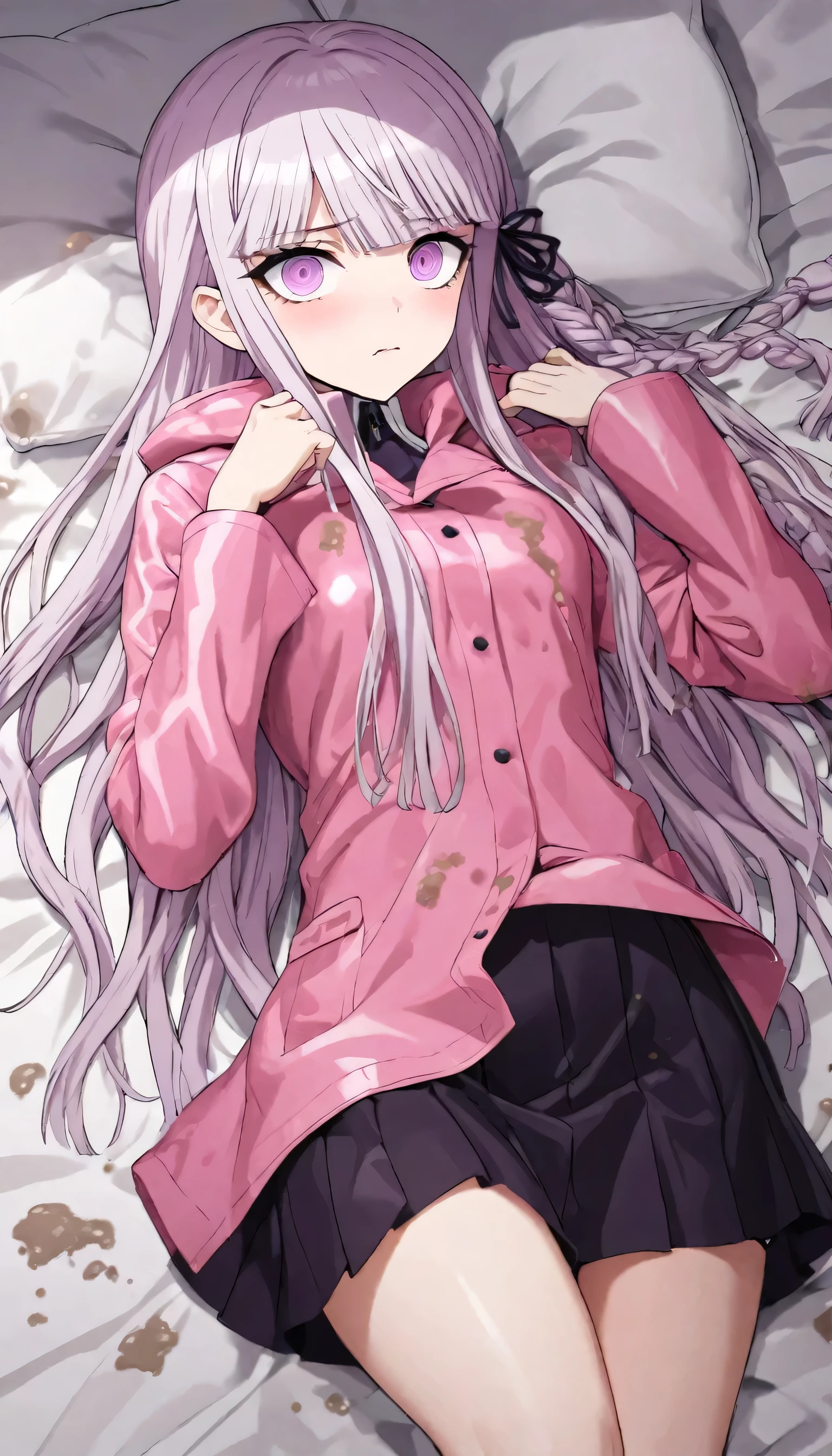 a beautiful girl with long light purple hair wearing a shiny pink raincoat, laying on a bed with white sheets and pillows, looking up at the viewer with an embarrassed and shy expression, her clothes are dripping and splattered with mud, detailed eyes, black pleated skirt, perfect anatomy, kyouko kirigiri, long hair with bangs, ribbon, purple eyes, single braid