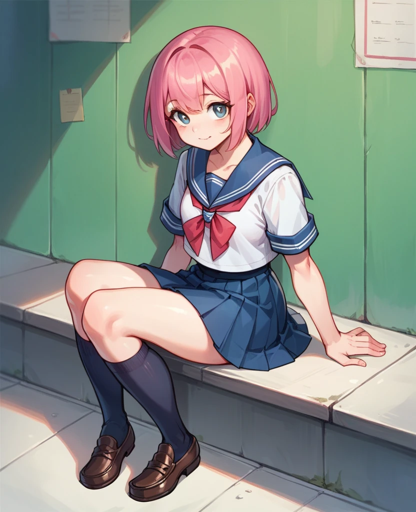 (robot girl),,kneehighs,loafers,sailor,sitting,skirt,cute,pink hair