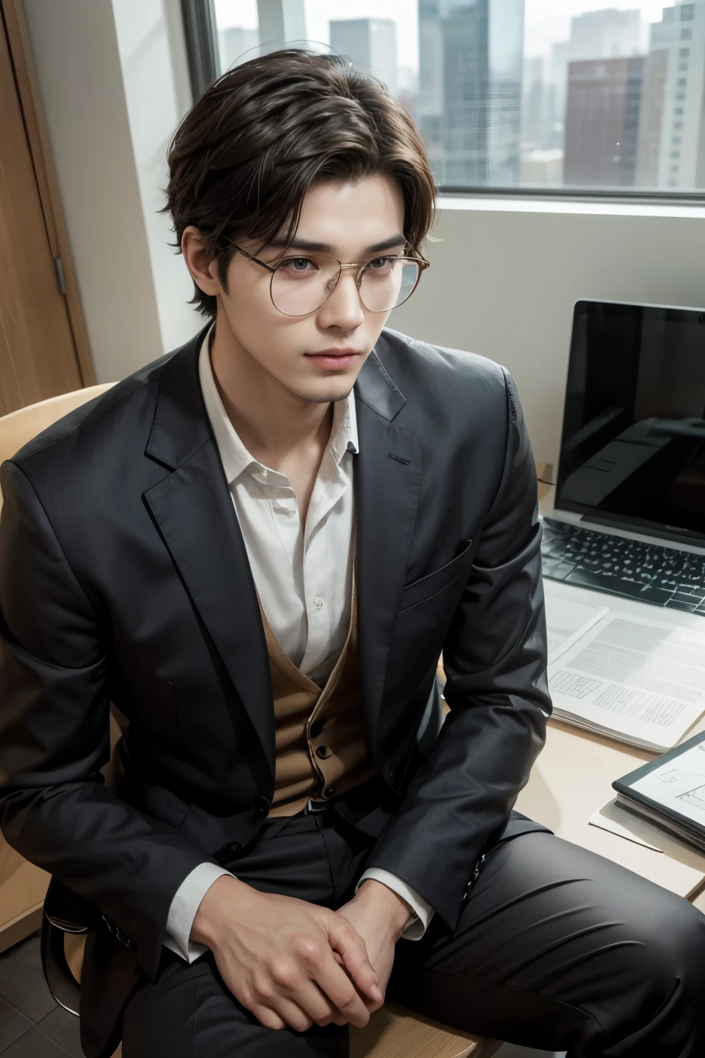 (absurderes, high resolution, ultra detaild), 1 men, grown-up, bonitas, rosto Cao Cao e musculoso, broadshouldered, finely-detailed eyes, short black hair, eyes browns, suit and ties, sitting in a fancy office chair behind a black desk with his state-of-the-art laptop open in front of him, inside an office with large glass windows, looking like the buildings outside, the room has plenty of sunlight and in front of this man sits another young man, 24 years old, Cao Cao, honey brown hair, brown skinned, wearing glasses with papers in their hands, dress with color trousers, dark brown dress shoes, white long sleeve blouse, and with a beautiful smile on your face and hope in your eyes.