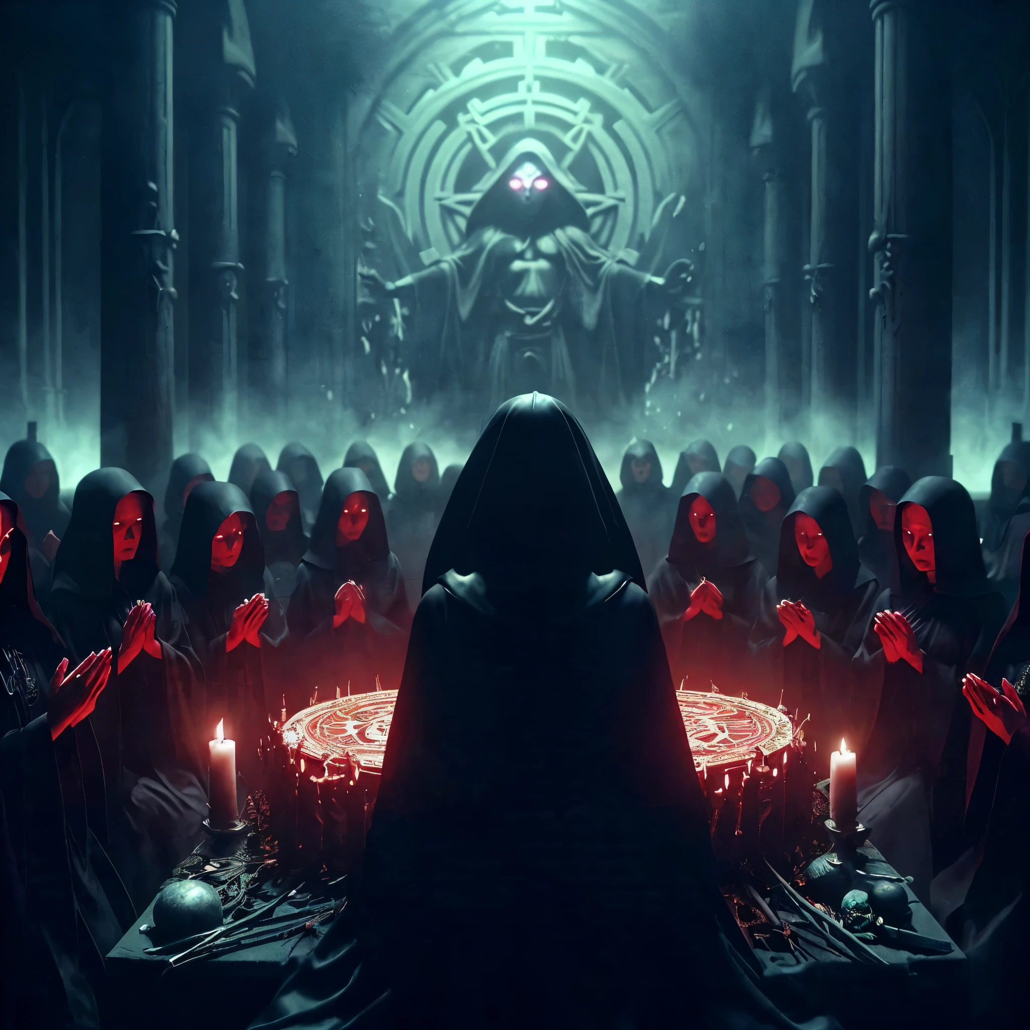 (very sharp result, cinematic desaturated photo) (((dramatic shading))), (((Best Quality))), (((masterpiece))) (((hyper realistic photo))) in starwars universe, gloomy sacred horror magical mood, dramatic backlight shadow, wide view of a sith temple, gothical room ambience, there`s many high priestess japanese girl in black cult hoodie, during a sacrifice ritual, pale skin, mysterious sinister bright red eyes sit at the centre of ritual altar, surrounded by high priestesses