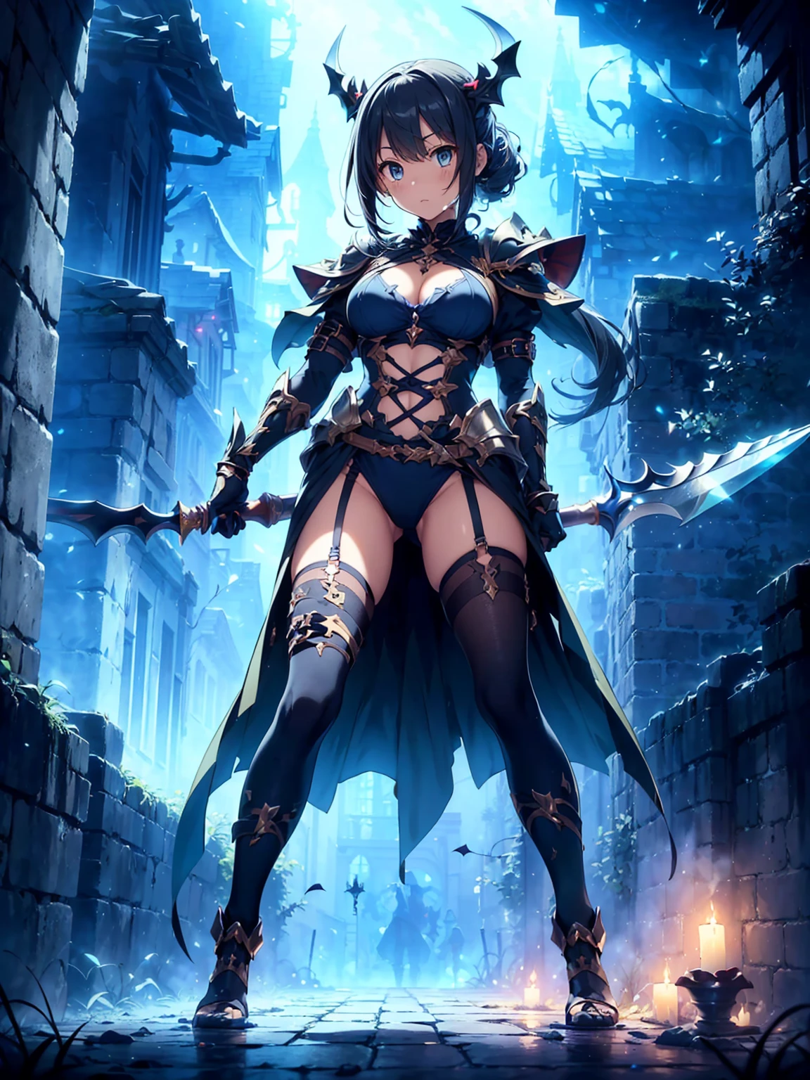 (((masterpiece, best quality, high detailed, 8k))) Design a layout showcase Gaming character, (1girl). Black|Gold clothes, stylish and unique. ((showcase weapon:1.4)), dark scythe. (masterpiece:1.2), (best quality), 4k, ultra-detailed. (Step by step design, layout art:1.5), (luminous lighting, atmospheric lighting). necromancer, ((glove full hands)), (((revealing clothes:1.3))), vambraces, armored legwear, (((full_body_shot:1.4))). {In a haunted graveyard}.
