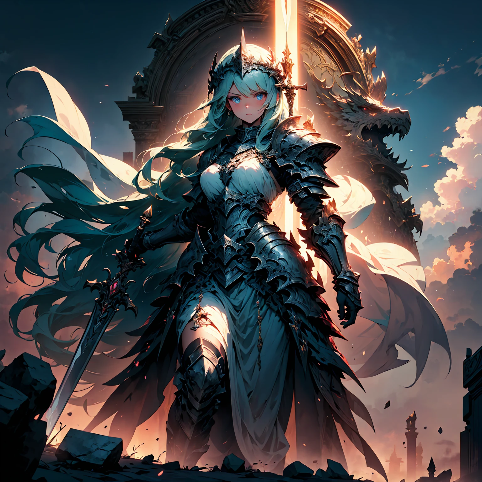 (((masterpiece, best quality, high detailed, 8k)))Full body shot of a fearless paladin with unparalleled beauty, featuring long, dark hair and striking blue eyes. She wears intricately designed draconic armor that glimmers with a mystical aura. Her armor is adorned with dragon scales and ornate patterns, giving it both an imposing and elegant appearance. In her hand, she wields a magnificent sword, the blade shimmering with a divine light, etched with runes of power. She stands in a majestic, celestial landscape, with radiant light filtering through the clouds, casting a holy glow upon her. The ground beneath her is a mix of ancient stones and sacred symbols, glowing softly as if infused with holy energy. Surrounding her are ethereal figures in shades of gold and white, their presence adding to the divine ambiance. The background features towering, ancient ruins and magnificent, skyward-reaching structures, hinting at a grand, heavenly stronghold. The scene is inspiring and powerful, with her face showing a serene yet determined expression, her eyes locked onto her noble mission. [Best quality], [Masterpiece], [Ultra-detailed], [4k], {inspiring|majestic} atmosphere, celestial landscape, {dynamic pose|noble stance}, radiant illumination, {soft shadows|divine lighting}, {glowing ancient stones:0.7}, {ethereal figures:0.6}, {heavenly architecture:0.5}, {towering ruins:0.4}, {skyward-reaching structures:0.3}.
