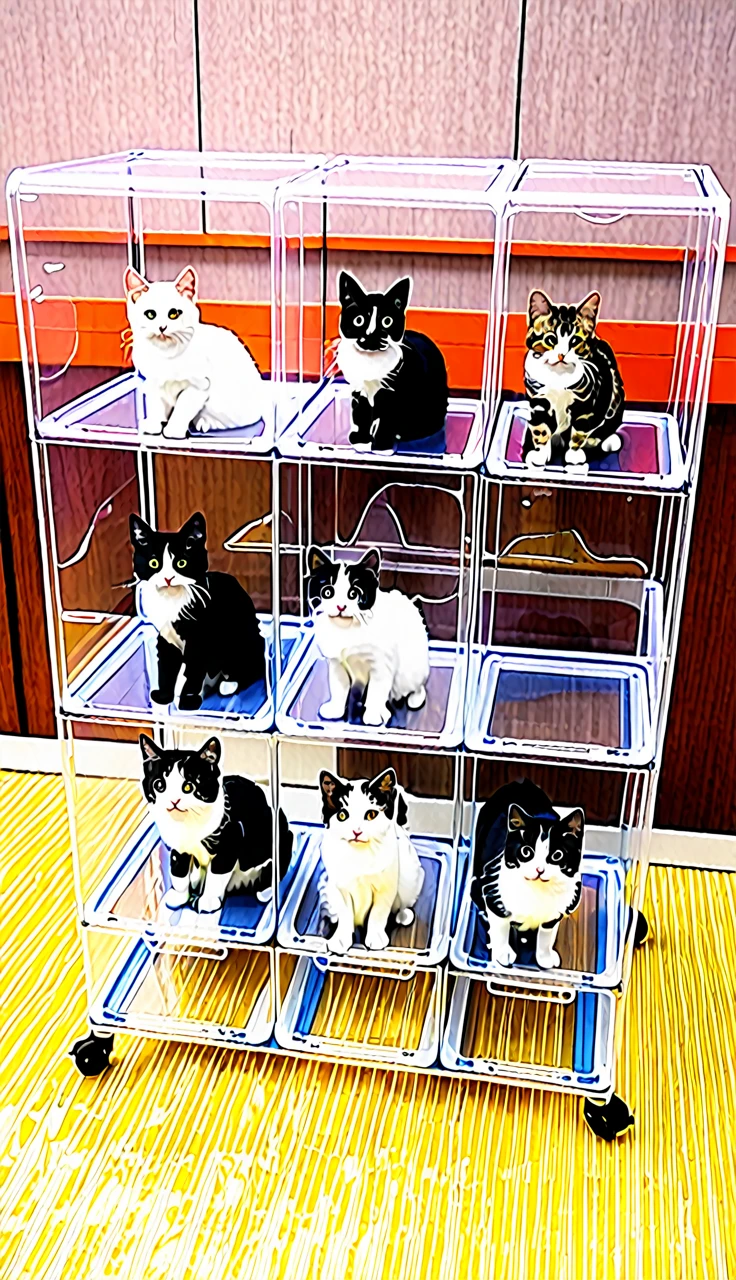 In this photo、It shows five cats in a clear plastic box.。Each box has casters、The cats are lined up on the floor。It&#39;s connected like a train。From left to right、Each cat has a different coat color and pattern.。All the cats are sitting、While lying down、It has a calm look。This scene, placed on a wooden floor in a room,、It&#39;s very unique and cute。