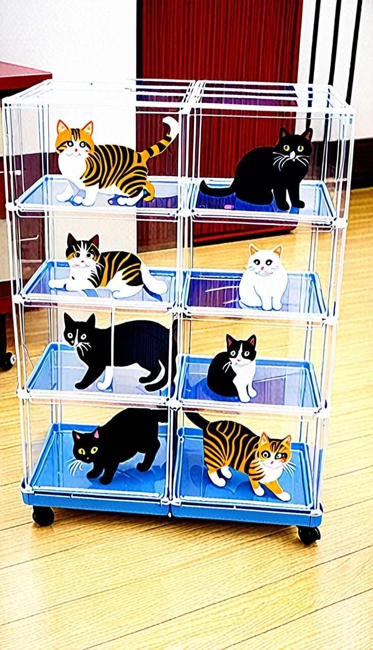 In this photo、It shows five cats in a clear plastic box.。Each box has casters、The cats are lined up on the floor。It's connected like a train。From left to right、Each cat has a different coat color and pattern.。All the cats are sitting、While lying down、It has a calm look。This scene, placed on a wooden floor in a room,、It's very unique and cute。
