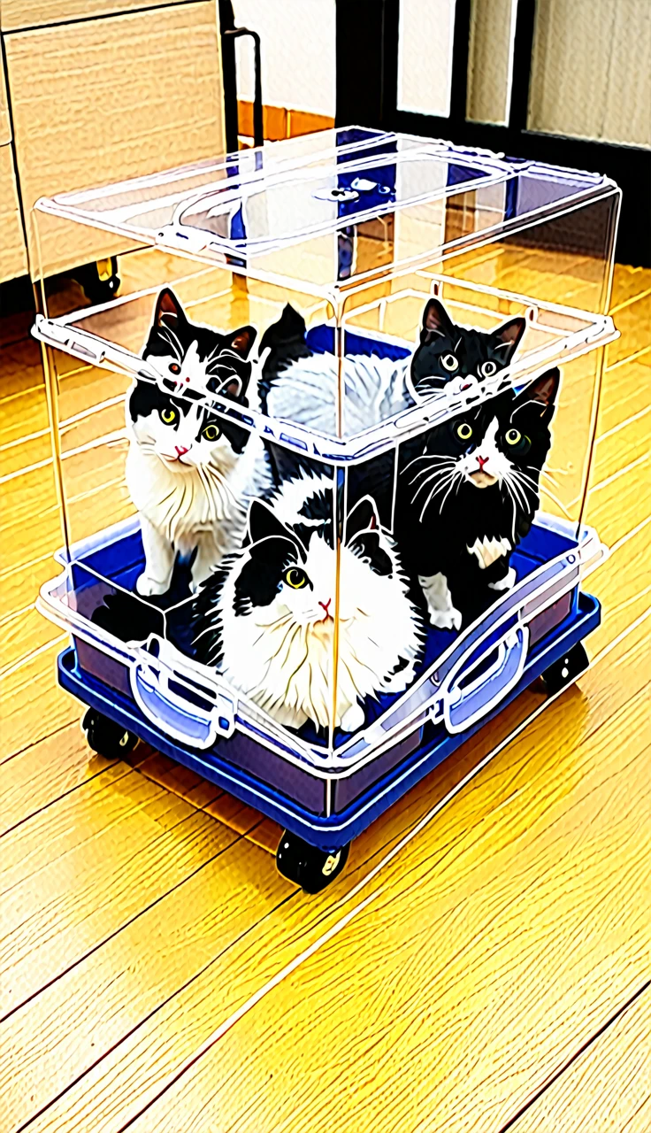 In this photo、It shows five cats in a clear plastic box.。Each box has casters、The cats are lined up on the floor。It's connected like a train。From left to right、Each cat has a different coat color and pattern.。All the cats are sitting、While lying down、It has a calm look。This scene, placed on a wooden floor in a room,、It's very unique and cute。
