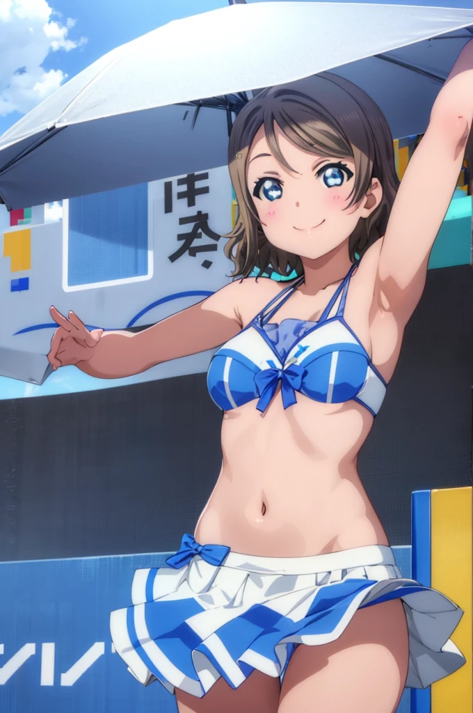 (((pixel-perfect, detail-perfect))), solo, 1girl, you watanabe, eyes azzur, smile, bikini, summer beach, armpit, big filesize, ultra High Qality