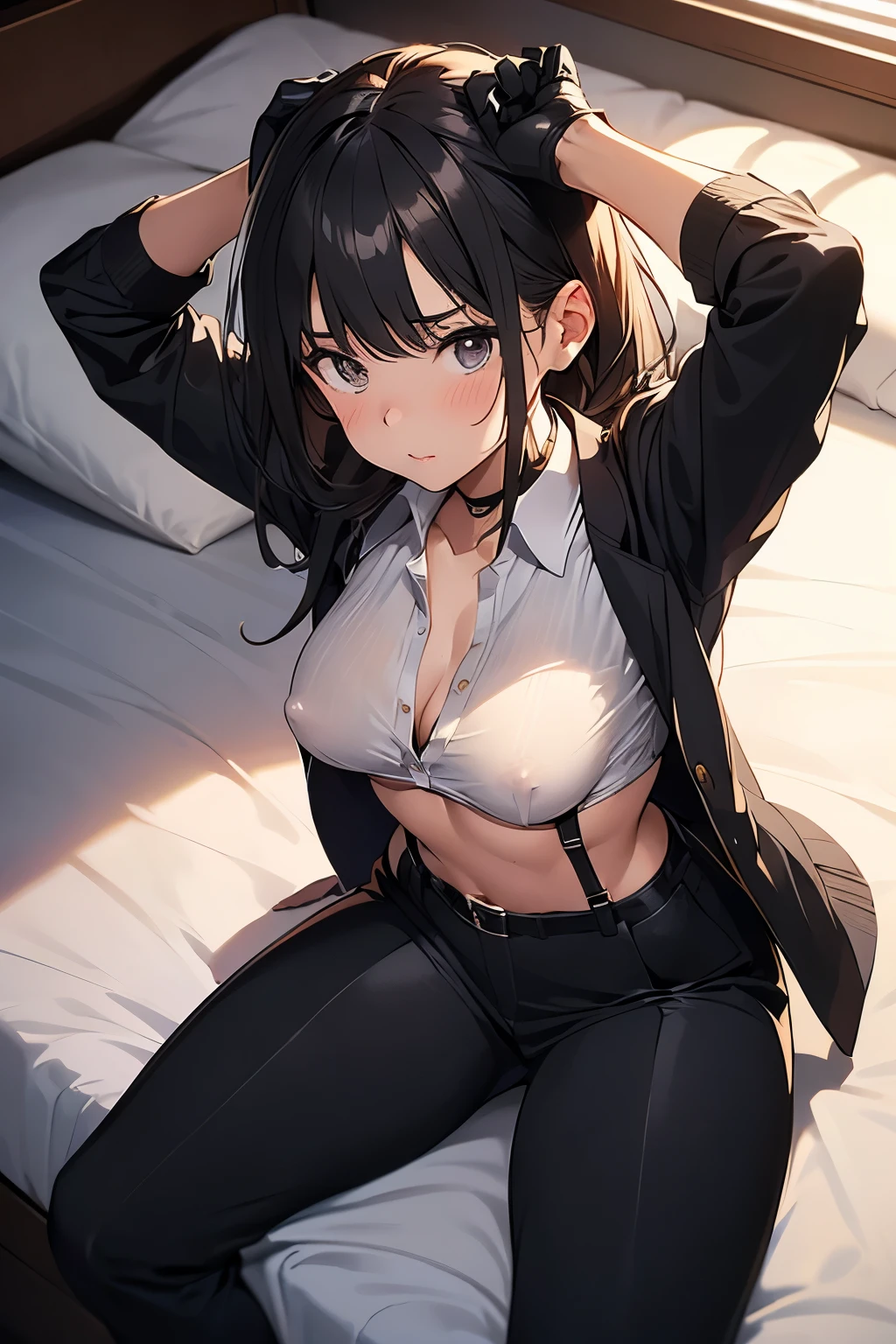 suspenders Moderate breasts Small face holster Beautiful woman Lying in bed Looking up Sweat belt summer 脇Sweat Black Hole Gloves suit shirt Black jacket Black trousers Leg Links ズボンにbelt No bra holster Nipples show through the top of clothes
