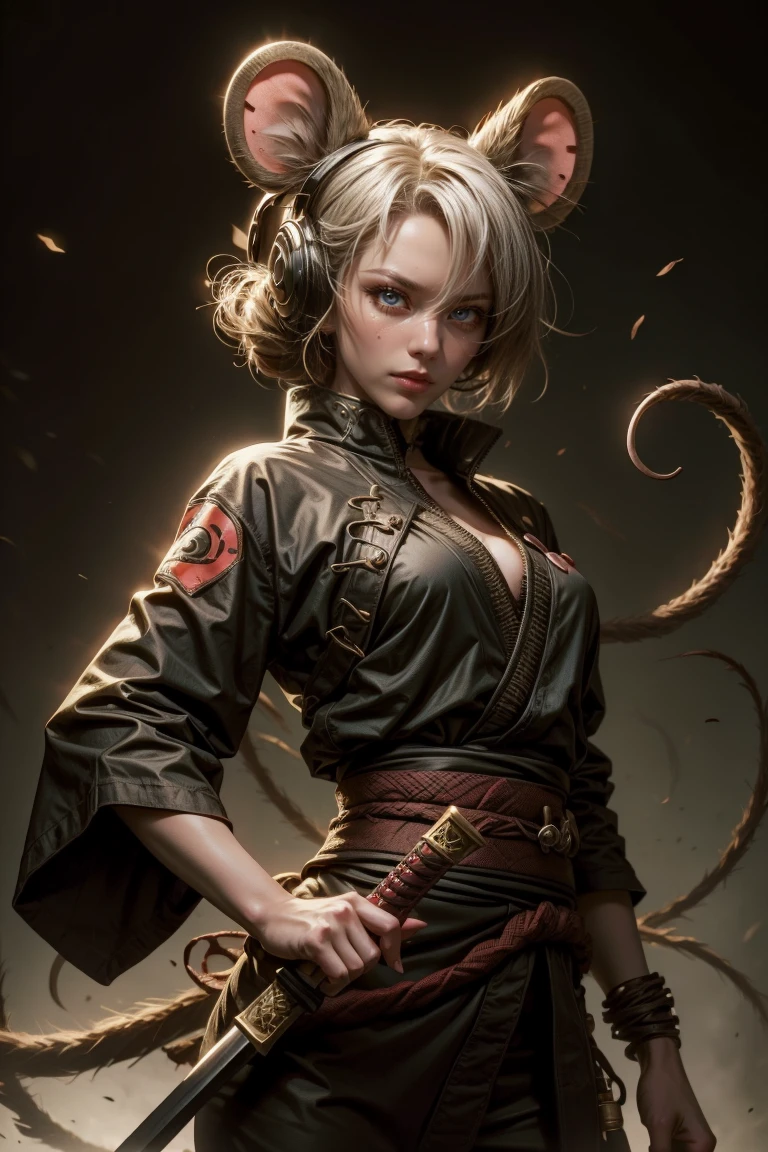 Sexy ninja girl with mouse ears, with a katana, and jutsu hand sign