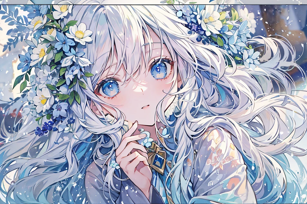 girl, looking far away, rosemary flowers,Blue eyes, big eyes,droopy eyes, With blue flower hair ornament ,coat ,Slender body, White long hair,snow,watercolor