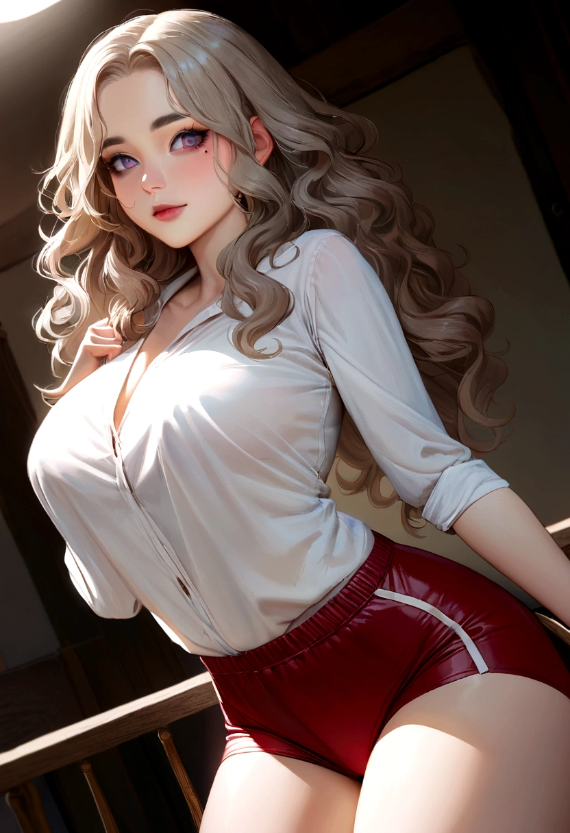 (Masterpiece, Photorealistic, high resolution), ((1girll):1.2), Korean, ((White wavy hair):1.3), (heterochromatic eyes:1.1, Thick eyebrows, small moles under eyes), (Loose white shirt, Red fitness shorts), ((Large of breast):1.2, enormous thigh), on top of the bed, Leather shorts,