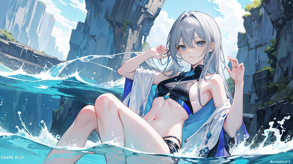 Swimming 1, Destiny Archetypes, Wow!, Bare shoulders, blue nullnull, vague, vague background, Split, null, Depth of written boundary, Gray Hair, Hair between the eyes, Hair Intake, Please raise your hand, Medium chest, belly button, outdoor activities, nullnull