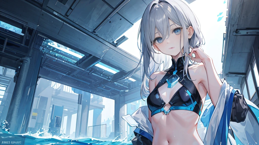Swimming 1, Destiny Archetypes, Wow!, Bare shoulders, blue nullnull, vague, vague background, Split, null, Depth of written boundary, Gray Hair, Hair between the eyes, Hair Intake, Please raise your hand, Medium chest, belly button, outdoor activities, nullnull