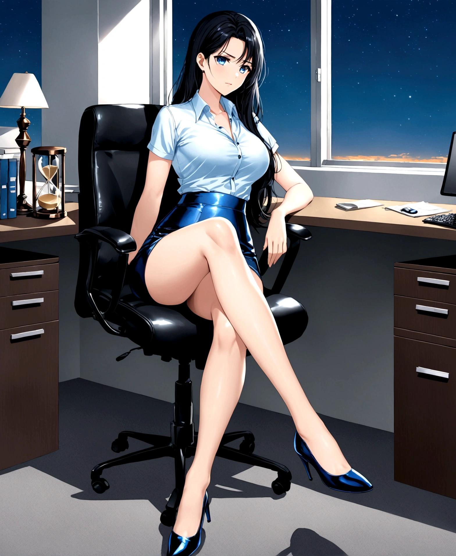 beautiful woman, 18 years old, in an office, sitting in a chair, behind a desk, exhausted, sad, angry, at night, contemplating the landscape through the window, /(white skin, extremely long black hair, sky blue eyes,), /(fitted office clothes: patent leather shoes, sky blue plain mini skirt, white short-sleeved blouse, buttoned sky blue vest, hair brooch,), /(shapely legs, hourglass athletic body, medium hips, medium waist, big chest,),