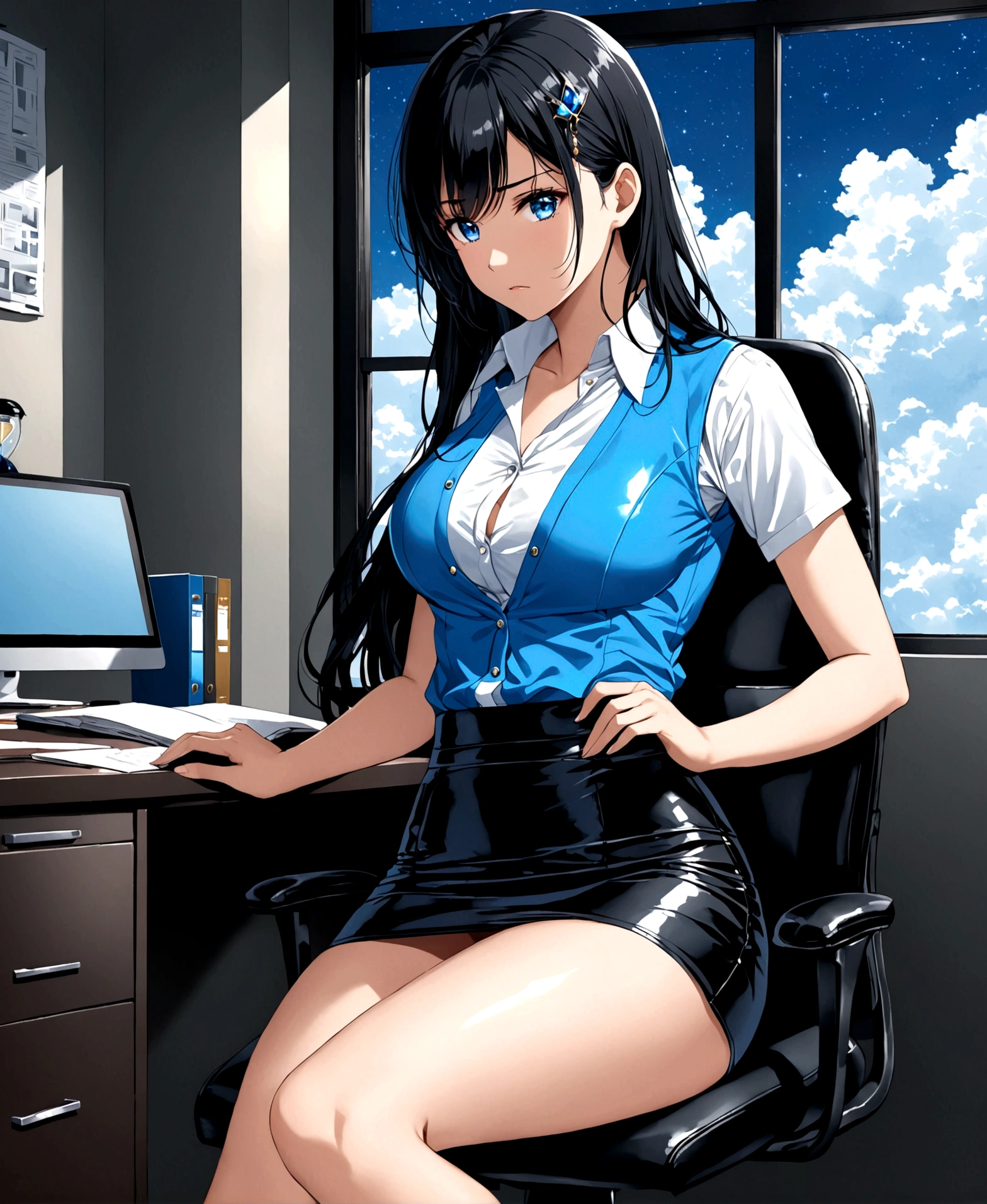 beautiful woman, 18 years old, in an office, sitting in a chair, behind a desk, exhausted, sad, angry, at night, contemplating the landscape through the window, /(white skin, extremely long black hair, sky blue eyes,), /(fitted office clothes: patent leather shoes, sky blue plain mini skirt, white short-sleeved blouse, buttoned sky blue vest, hair brooch,), /(shapely legs, hourglass athletic body, medium hips, medium waist, big chest,),