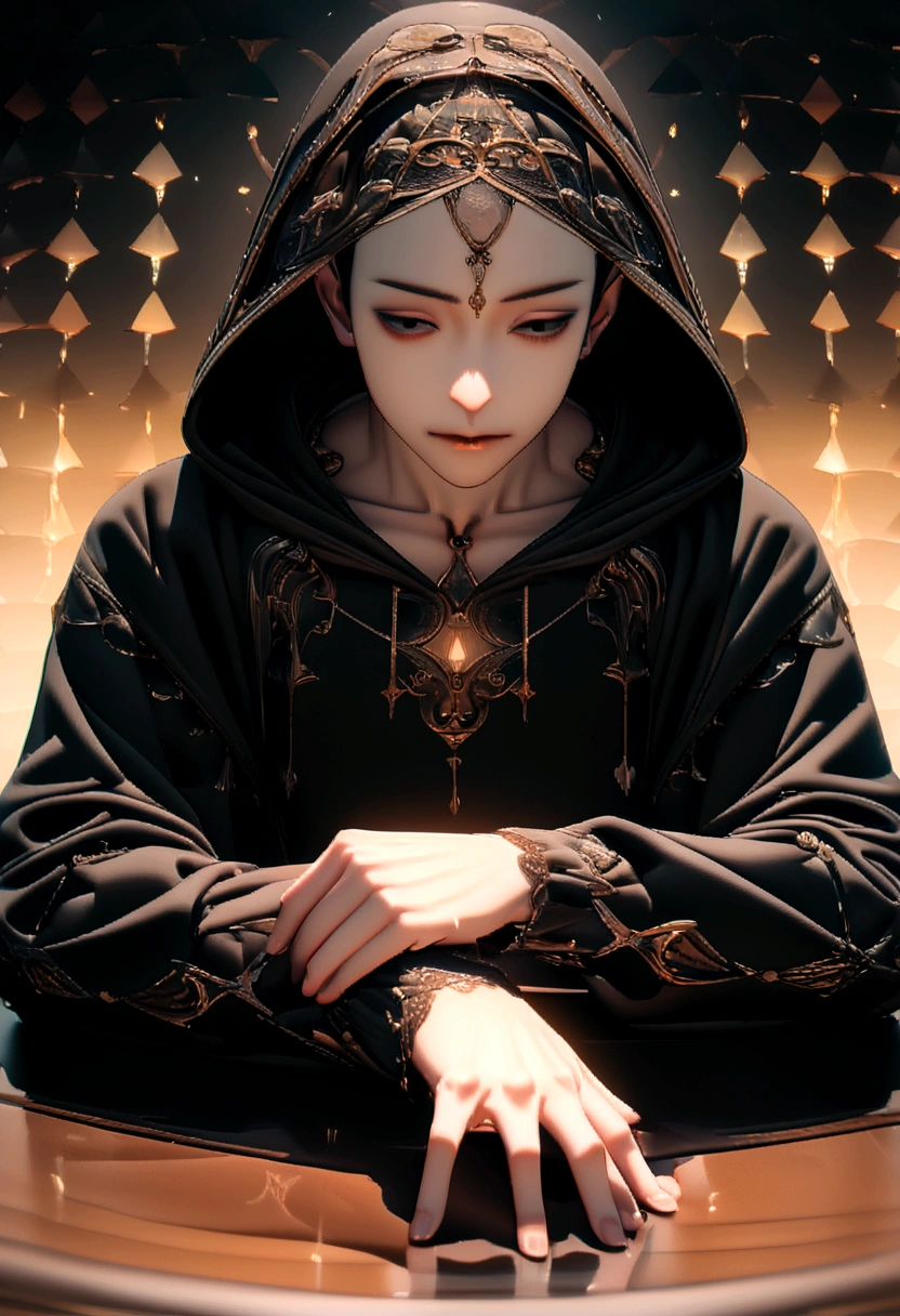 Solitary, Male focus, (On the table, Ultra-high quality, high resolution, 8K, complex: 1.2), (Delicate face:1.2), mystery, Adult male , , Delicate skin, 1 person, ((Practical)), (pensive poses),Hooded