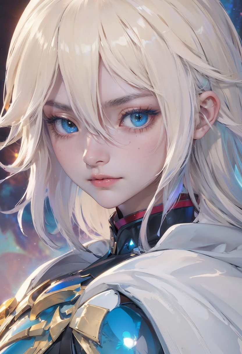 (masterpiece, top quality, best quality, official art, beautiful and aesthetic:1.2), (1 man - Seraphim), extreme detailed,(fractal art:1.3),colorful,highest detailed. (platinum fluffy hair down to the middle of the neck, scars on the face in the middle and lip, heterochromia), (man, he/his/him), ((MAN))