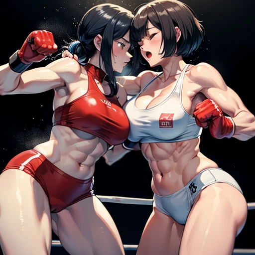 Dynamic punch exchange。Murderous intent。Two injured Japanese female heavyweight boxers fighting vigorously in the ring。Very intense battle。Sweating a lot。One eye closed, out of breath。Drooling。Boxing gloves。Erect nippleuscular。Six Pack Abs。Very thick arms and thighs。Super big breasts。naked。