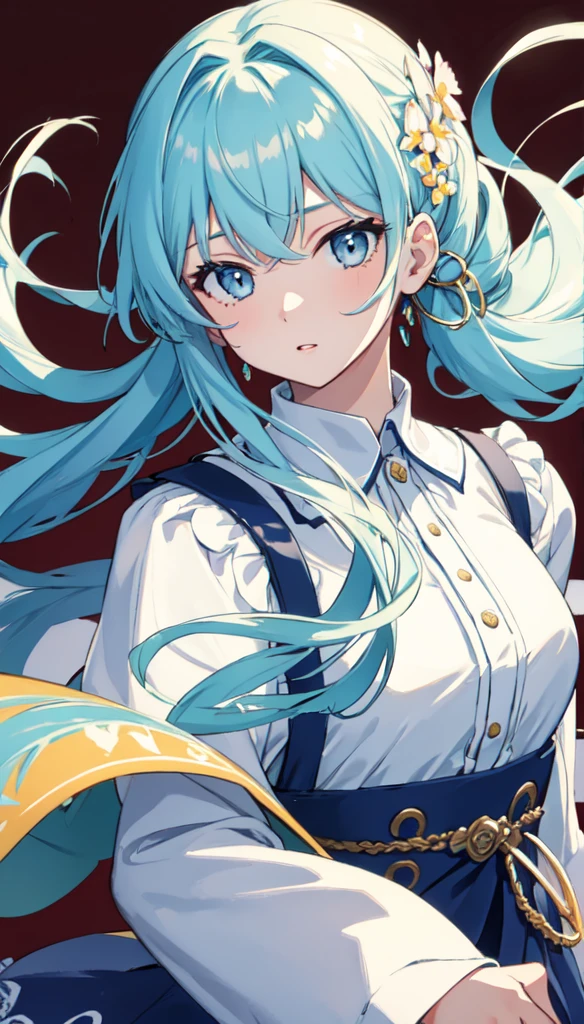 (masterpiece), (best quality), (ultra detailed),(disheveled hair),(illustration), (1girl), (Fashionable clothing), standing, Fashion model, looking at viewer, (interview), (simple background),beautiful detailed eyes, delicate beautiful face, Floating,(high saturation),(colorful splashes),colorful bubble,(shining), focus on face, ponytail, kamisato ayaka, light blue hair, bangs, hair ring, floating flowers, floating hairs, (shining), best lighting, best shadow,