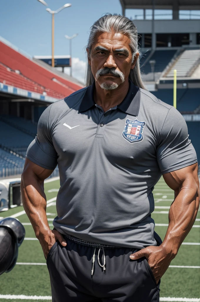 man from samoa, 60 years old, very muscular body, long gray hair, football coach, thin moustache, at a football field, wearing gray polo shirt and gray pants, many tribal tattoos, heroic pose