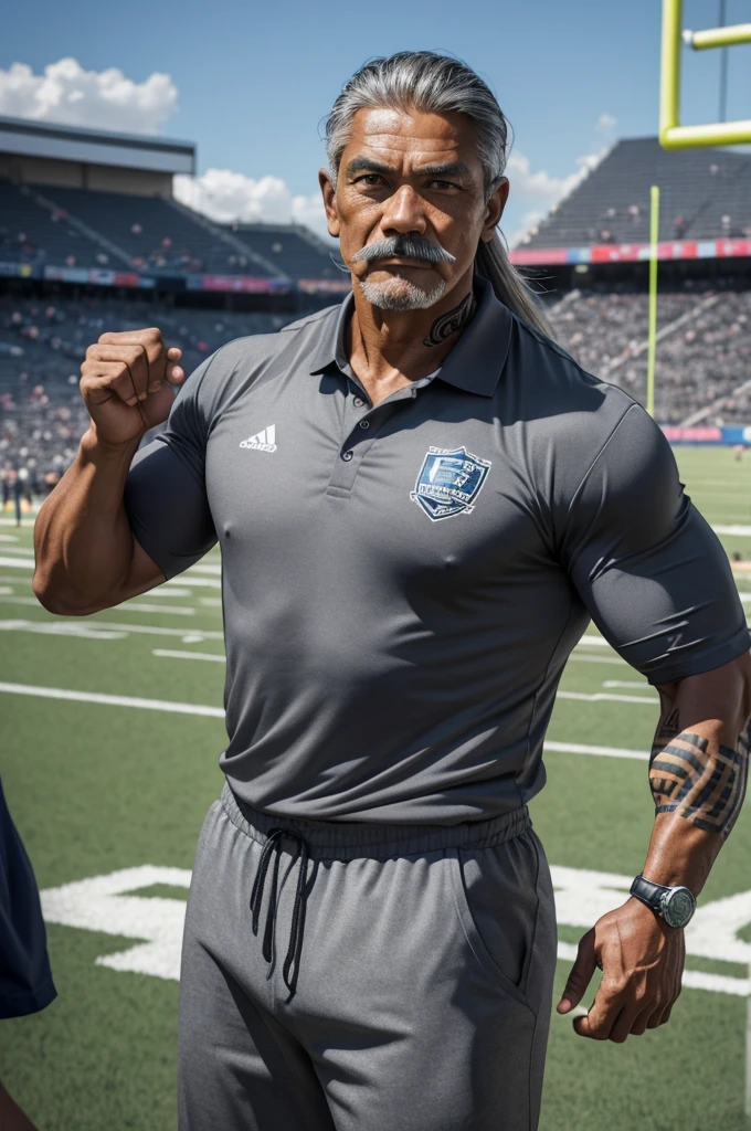 man from samoa, 60 years old, very muscular body, long gray hair, football coach, thin moustache, at a football field, wearing gray polo shirt and gray pants, many tribal tattoos, heroic pose