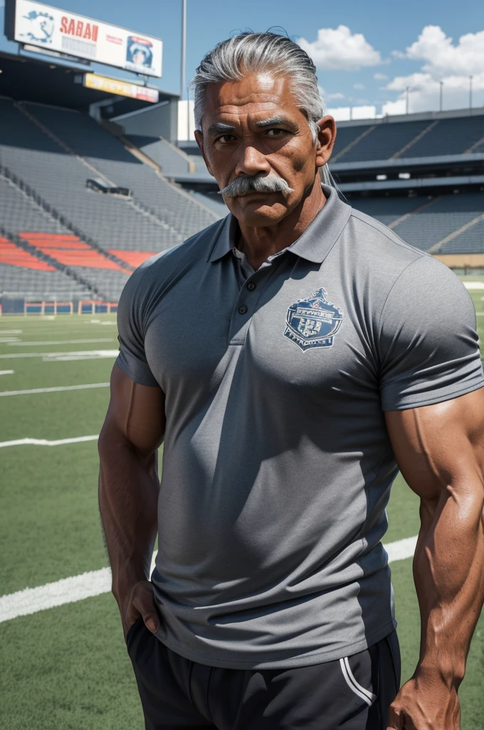 man from samoa, 60 years old, very muscular body, long gray hair, football coach, thin moustache, at a football field, wearing gray polo shirt and gray pants, many tribal tattoos, heroic pose
