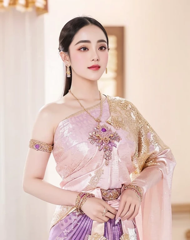 a close up of a woman in a pink dress with a gold ผ้าคลุมไหล่, Sukhothai dress, traditional beauty, Covered with purple and gold silk., Dilraba Dilmurat, Decorated with purple and gold silk., Niwan Chandra, traditional art, traditional outfit, According to Thawan Duchanee's style, Wear elegant clothes, Shawl. Arafé woman in gold dress. With necklace and earrings, traditional araffe woman, ผู้หญิงlong hairชาวเอเชียตะวันออกเฉียงใต้ที่มีใบหน้ากลม, Large bust measures 38 inches., Warm light, morning sun, long hair,black eyes,abdominal muscles, The body is beautiful and strong., thick hips, rounded chest, (digital painting, HDR, high contrast), 3d, 8K, 45,000,000 pixcls,Asian girl, Gorgeous Chinese model, Japanese model, beautiful asian woman, Japanese goddess, Very beautiful girl., beautiful young woman, very beautiful woman, Attractive and beautiful, sexy girl, Asian girl, beautiful female model, jaw-dropping beauty, Attractive, sexy, seductive face and body