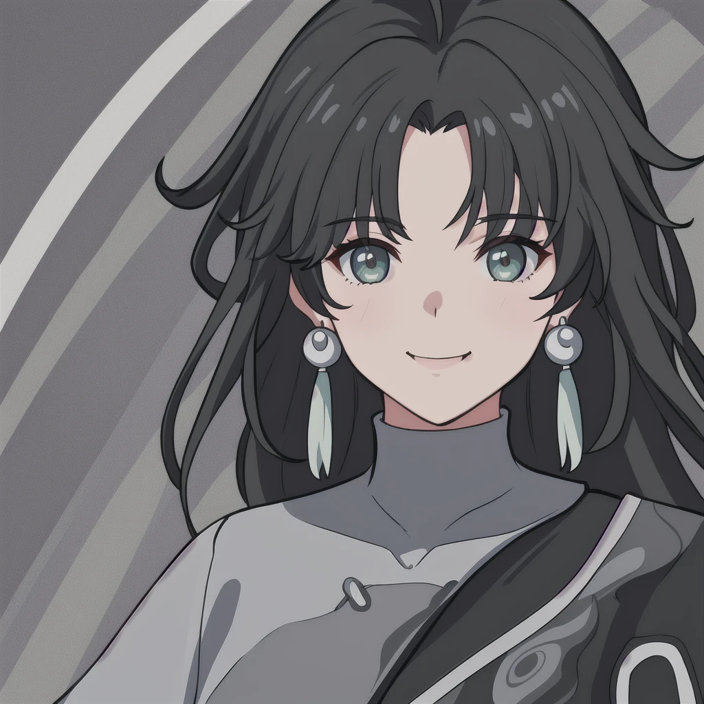 anime girl, smiling, black hair, white highlights, jianxin, wuthering waves, jianxin wuthering waves, grey eyes, green shirt, 1girl, masterpiece, (beautiful and aesthetic:1. 5), thick black lineart, clean lineart, perfect lineart, variable lineart, thick lineart, clean anime outlines, intense line art, bold lineart, sharp lineart, heavy lineart, line art, best quality, high quality, high details, super detail, best quality, ultra-detailed, colourful, saturated colours, dynamic lighting, HD,