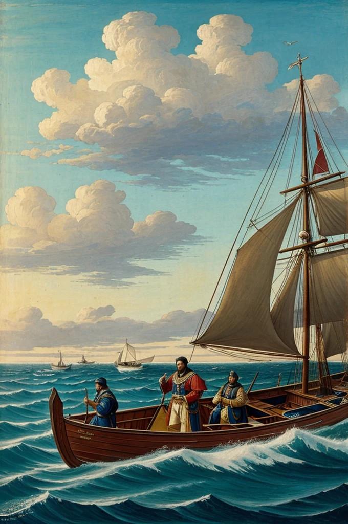 Francisco Pizarro in a boat in the sea and behind him a whale coming out of the sea