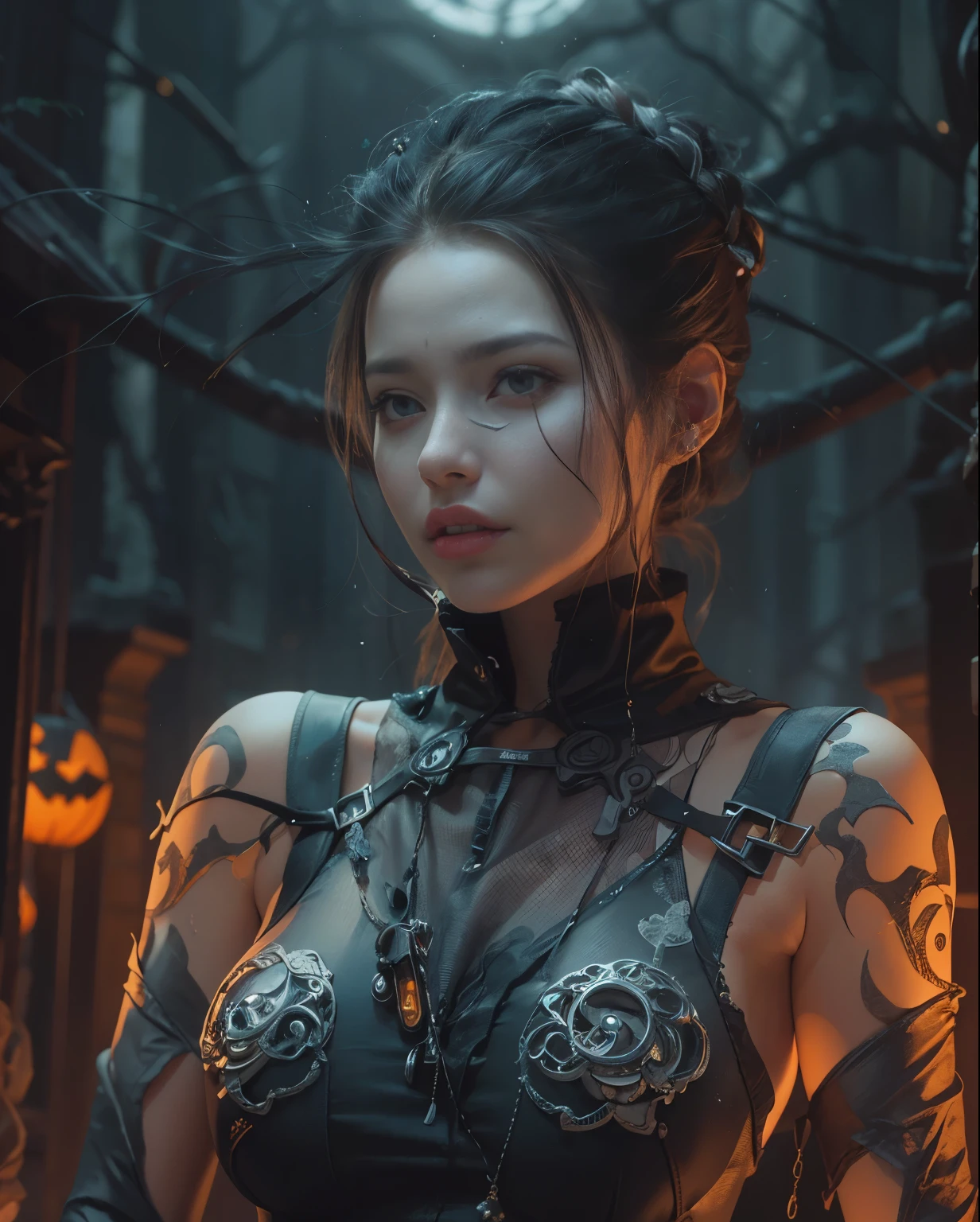 best quality, ​masterpiece, Careful details, Intricate detailing, realisti, a hot futuristic lady in the midst of a spooky Halloween atmosphere