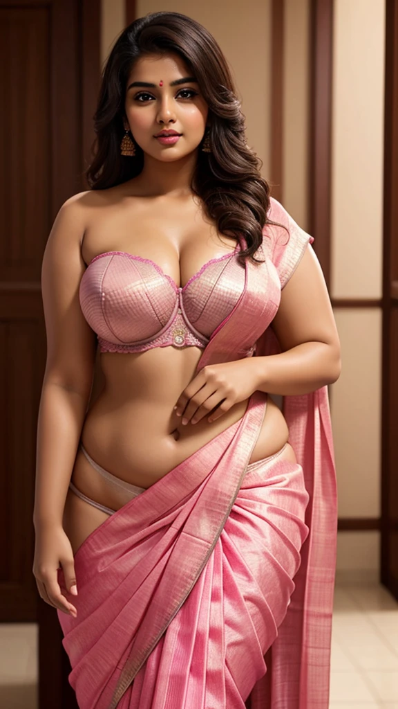 best quality,Masterpiece, perfect face, beautiful indian girls smooth face full body plus size curve wearing strapless bra underwear full figure, fat women bbw, pink juicy lips,seductive saree, wearing saree,