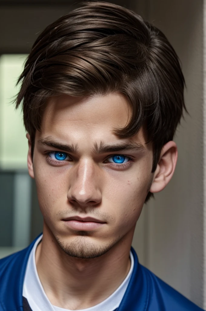 A boy with brown hair, who has heterochromia, one eye is green and the other blue. Scar on his lip and left eye, serious expression, and he wears the UA uniform from the anime MHA 