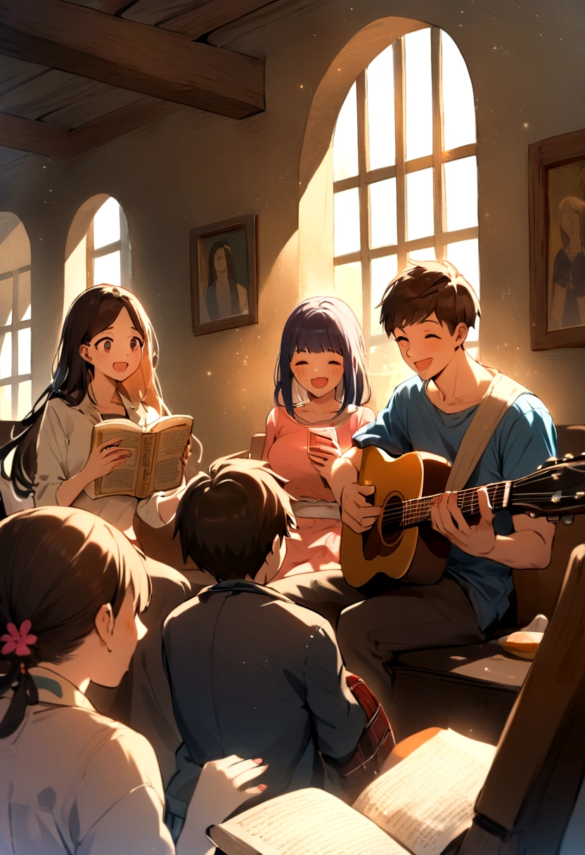 Image of young people (3 men 3 women) reading the holy bible, sharing what they read and eat and a girl playing guitar, everyone happy