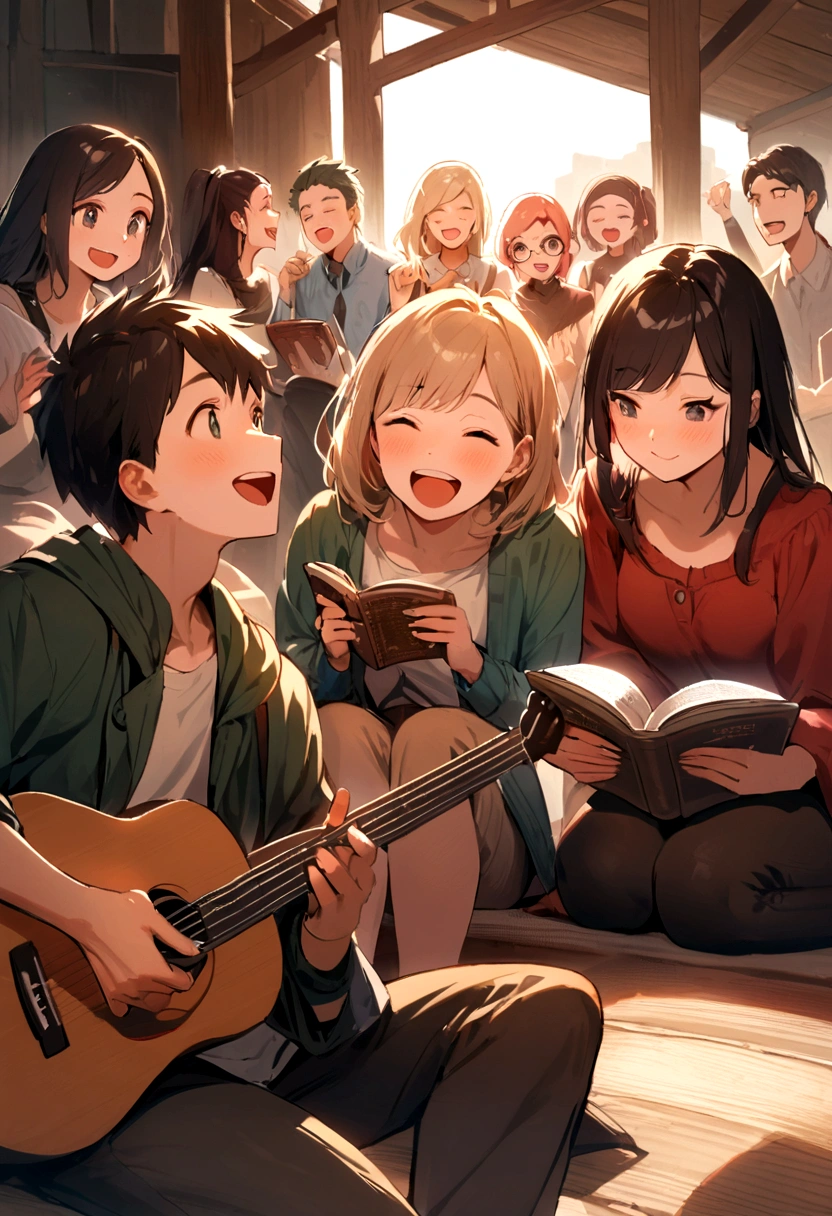 Image of young people (3 men 3 women) reading the holy bible, sharing what they read and eat and a girl playing guitar, everyone happy