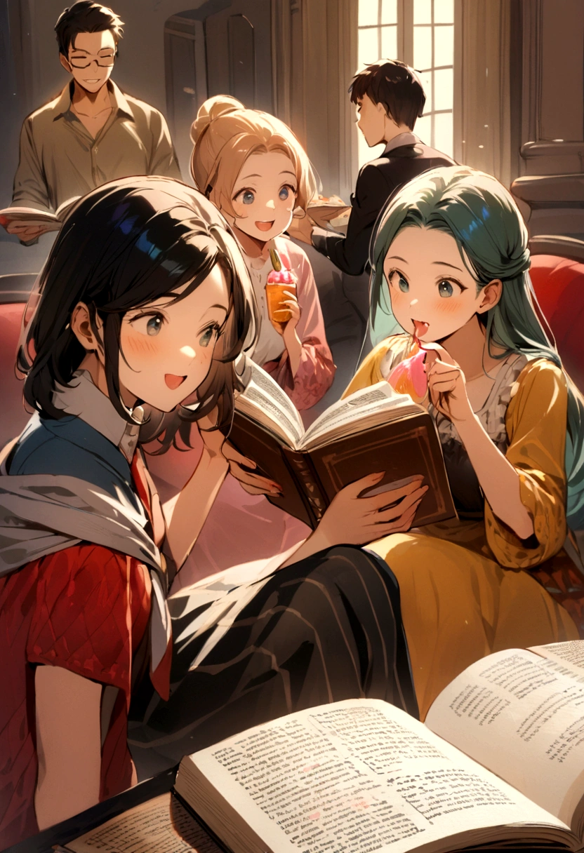 Image of young people (3 men 3 women) reading the holy bible, sharing what they read and eat and a girl playing guitar, everyone happy