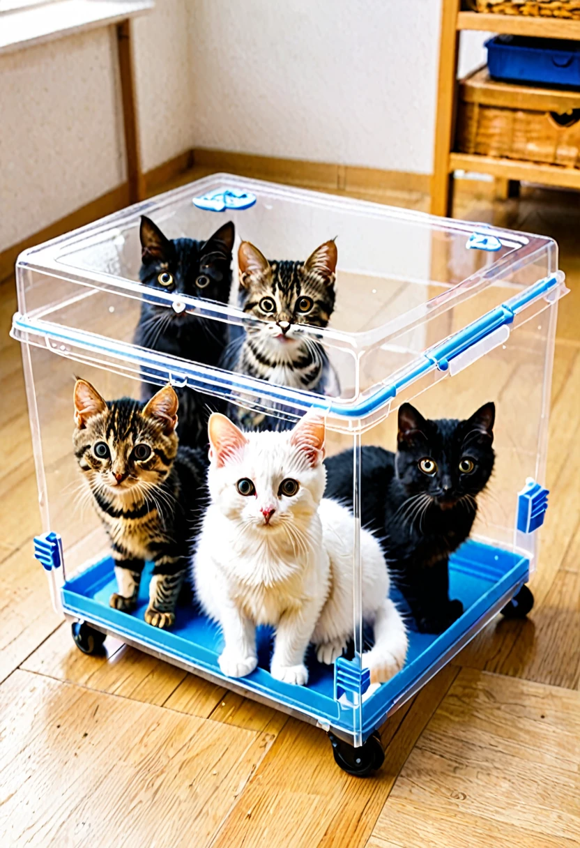 In this photo、It shows five cats in a clear plastic box.。Each box has casters、The cats are lined up on the floor。It's connected like a train。From left to right、Each cat has a different coat color and pattern.。All the cats are sitting、While lying down、It has a calm look。This scene, placed on a wooden floor in a room,、It's very unique and cute。