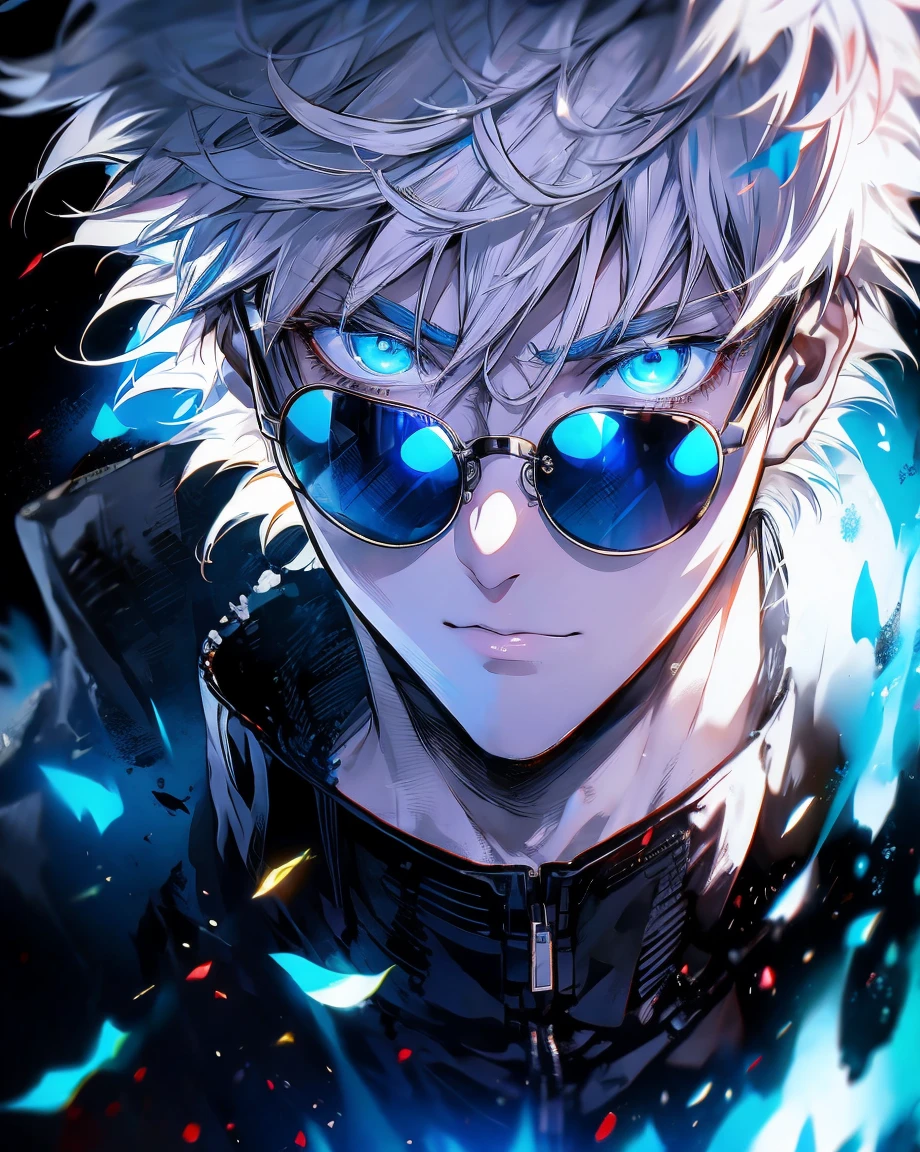 Satoru Gojo, Jujutsu Kaisen, Handsome man with white medium length hair, wearing sunglasses and blue galaxy in his eyes, Sunglasses on the bridge of his nose, revealing his deep blue eyes, looking at viewers, hyper-realistic atmospheres, details, 8k, Ultradetailed sharp looks, attitude on face, High-resolution, Fluorescence, Dynamic background