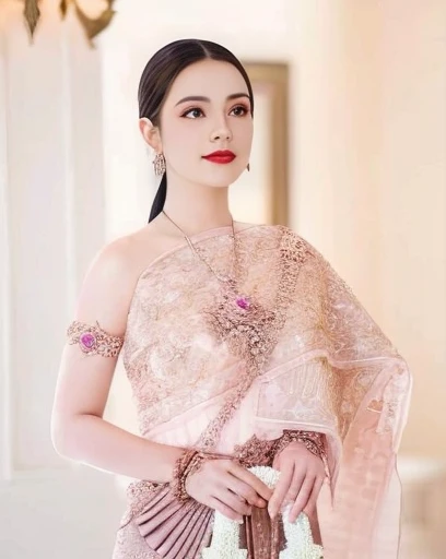a close up of a woman in a pink dress with a gold ผ้าคลุมไหล่, Sukhothai dress, traditional beauty, Covered with purple and gold silk., Dilraba Dilmurat, Decorated with purple and gold silk., Niwan Chandra, traditional art, traditional outfit, According to Thawan Duchanee's style, Wear elegant clothes, Shawl. Arafé woman in gold dress. With necklace and earrings, traditional araffe woman, ผู้หญิงlong hairชาวเอเชียตะวันออกเฉียงใต้ที่มีใบหน้ากลม, Large bust measures 38 inches., Warm light, morning sun, long hair,black eyes,abdominal muscles, The body is beautiful and strong., thick hips, rounded chest, (digital painting, HDR, high contrast), 3d, 8K, 45,000,000 pixcls,Asian girl, Gorgeous Chinese model, Japanese model, beautiful asian woman, Japanese goddess, Very beautiful girl., beautiful young woman, very beautiful woman, Attractive and beautiful, sexy girl, Asian girl, beautiful female model, jaw-dropping beauty, Attractive, sexy, seductive face and body