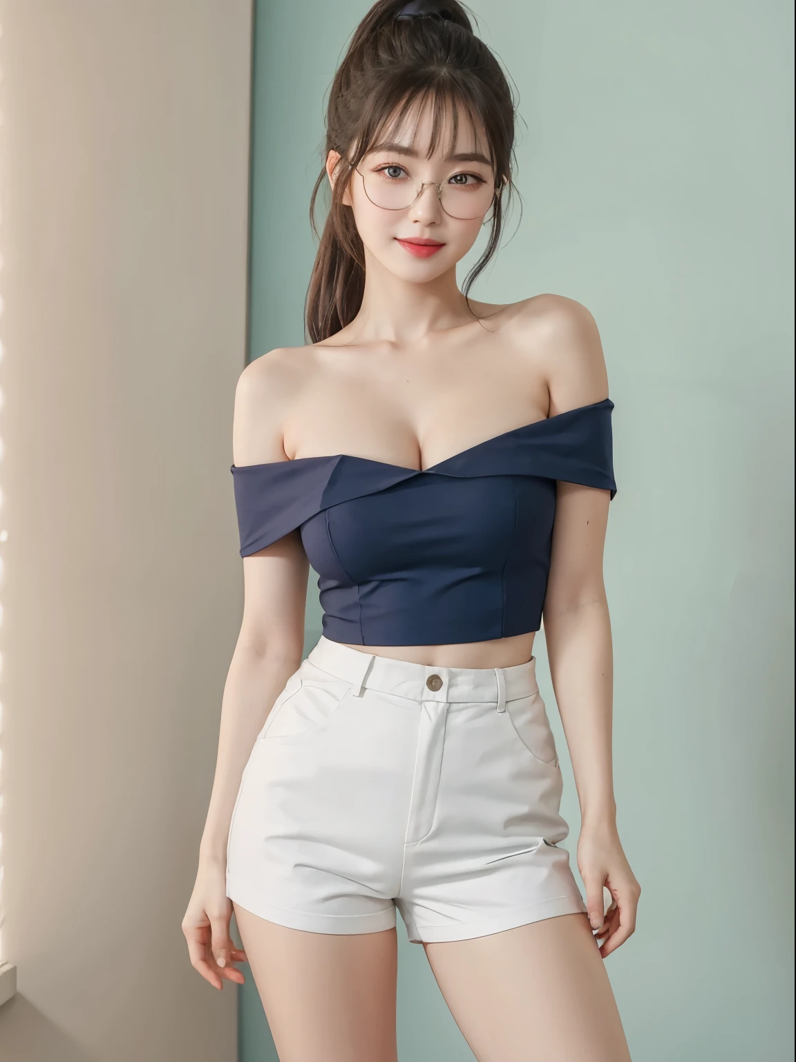 (Best quality, masterpiece, detailed), (RAW, 4k, hd images), 1 girl, 17 years old, white skin, long hair, ponytail, layers hair, bangs, black hair, beautiful girl, cute girl, sweet girl, pretty girl, perfect girl, perfect body, pretty eyes, blue eyes, thin lips, (eye line, lip soft), perfect , glasses(detailed frame), indoors, smile, thigh, legs, long legs, off shoulder, blue short pants, standing facing, white wall background, photo on the middle facing camera, full body, cleavage