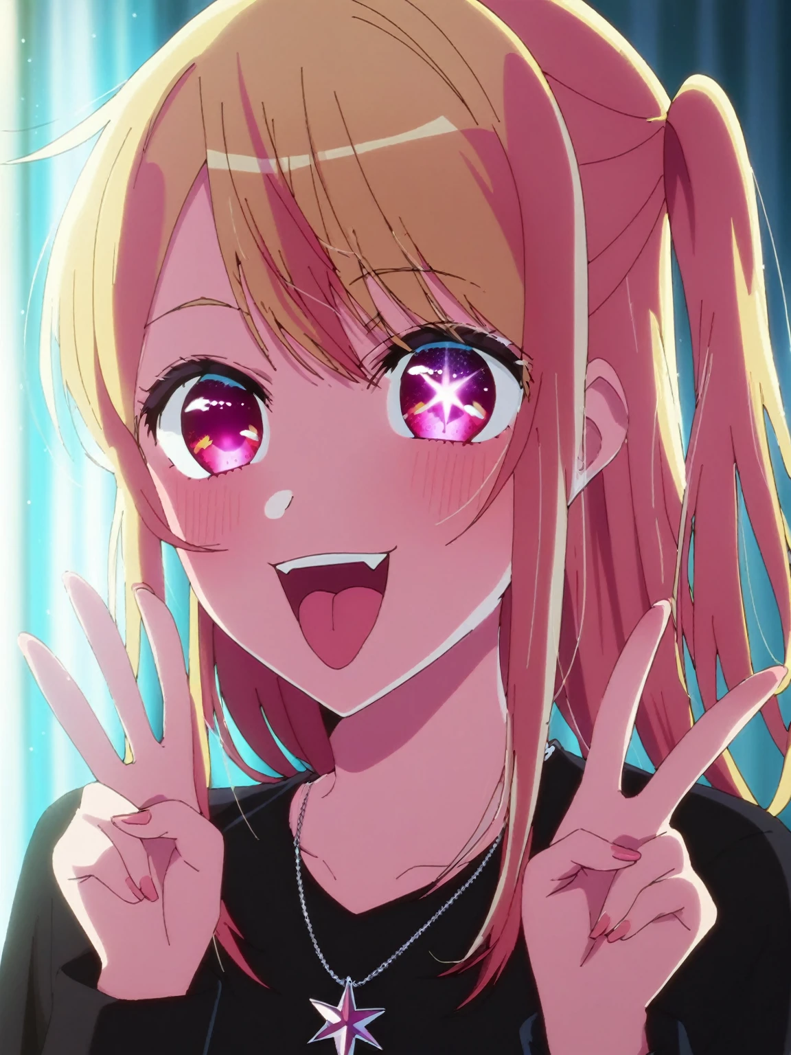 1girl, hoshinoruby, solo, star-shaped pupils, long hair, one side up, blonde hair, small breasts, BREAK
black shirt, long sleeves,, necklace, sparkling aura, BREAK
upper body, portrait, smile, open mouth, :d, tongue out, (fangs:0.8), double v, BREAK
backlighting, score_9, score_8_up, score_7_up, score_6_up, anime, fizrotart, glowing eyes,
(high quality, detailed, beautiful), shiny, detailed beautiful eyes, outstanding, countershading, detailed soft lighting
