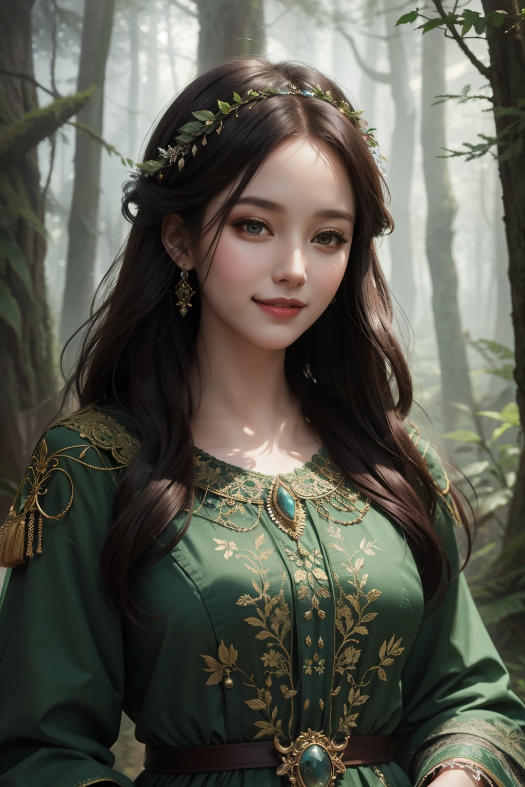 porrtrait of a woman in an ancient mystical forest with digital painting in a fantasy landscape style, smile
masterpiece, best quality, intricate detail,