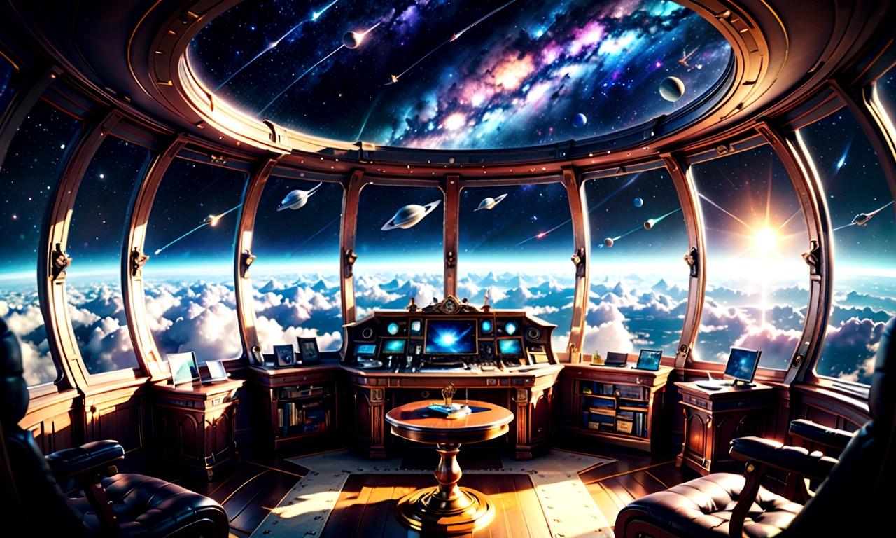 Spectacular views of the galaxy from an airship cabin, (Ultra-high resolution,8K),Fantasy, The world of picture books